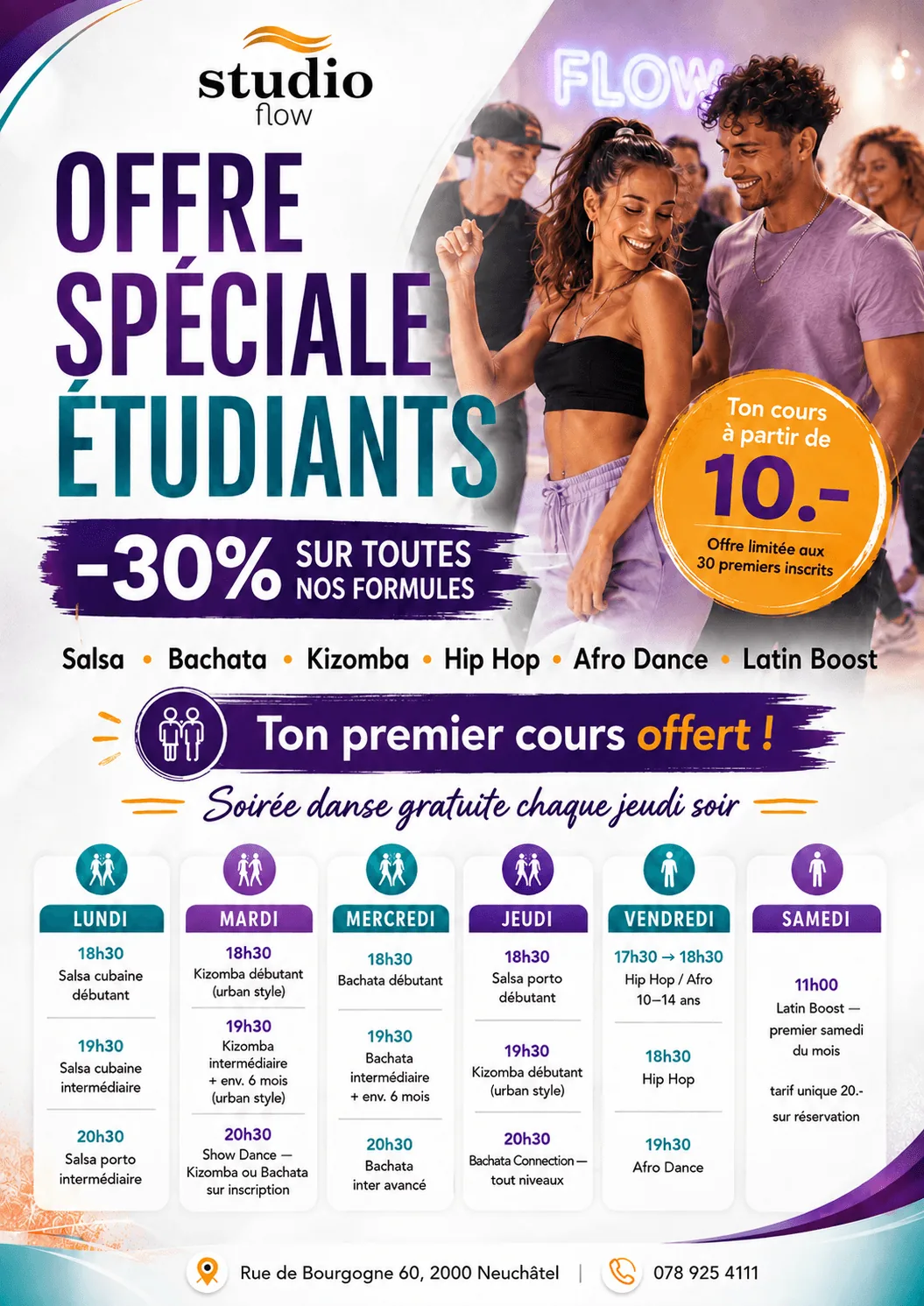 Offre spéciale étudiants — −30 % sur toutes les formules, premier cours offert, soirée du jeudi gratuite
