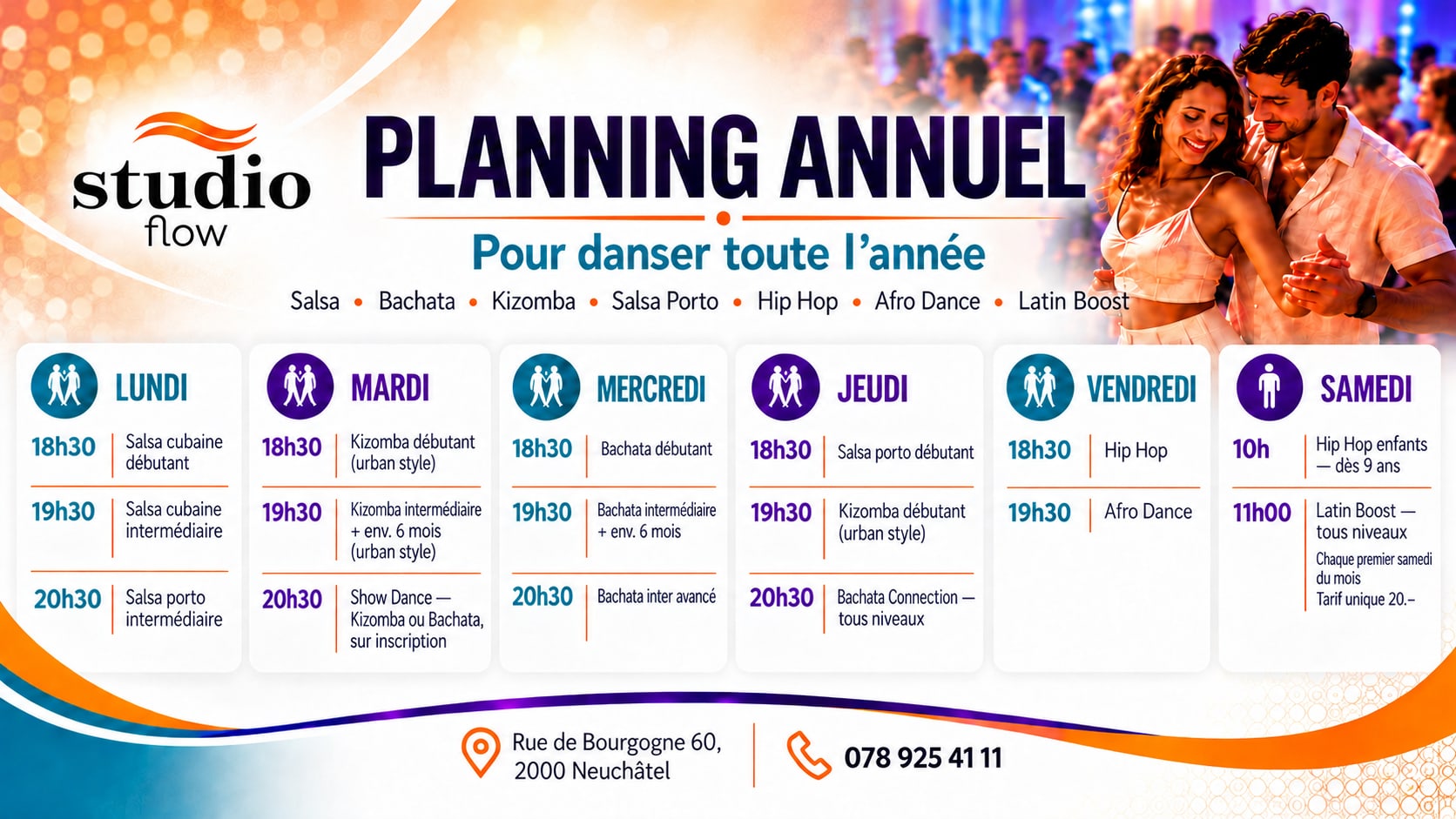 Planning annuel de l’école de danse Studio Flow, à Neuchâtel — tous les cours de la semaine, du lundi au samedi