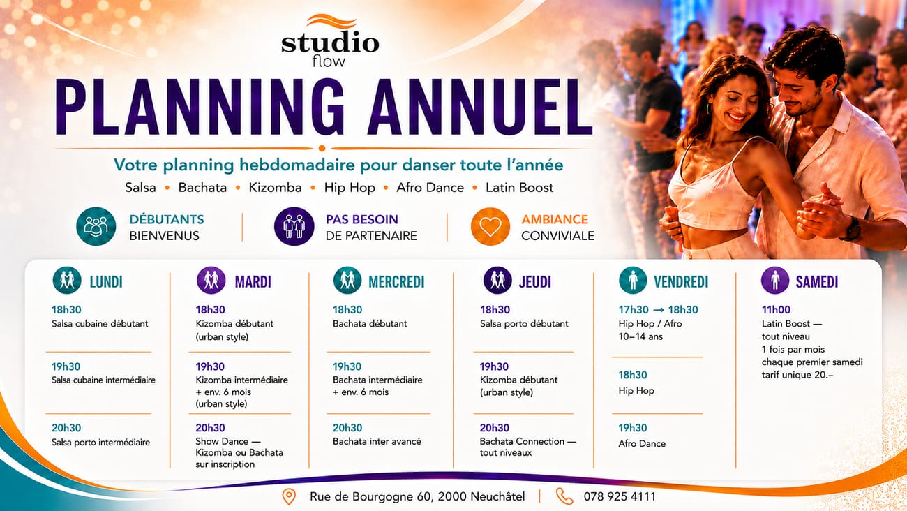 Planning annuel Studio Flow — tous les cours de la semaine, du lundi au samedi